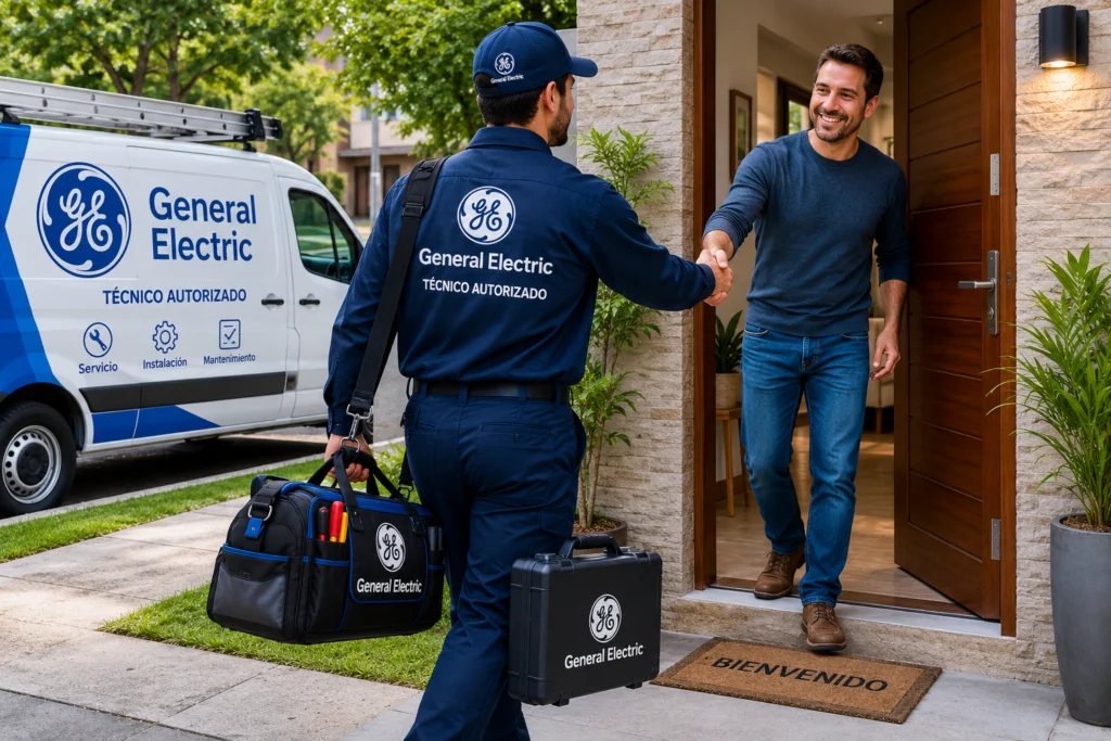 Técnico autorizado General Electric saludando a un cliente en Guayaquil