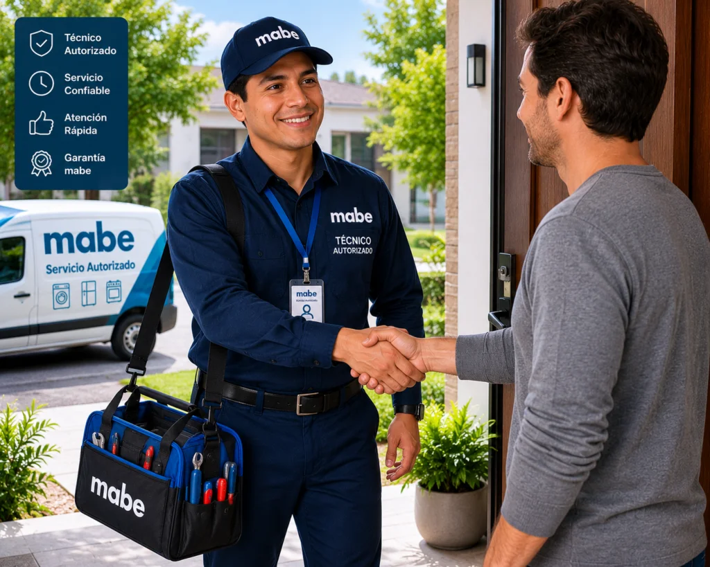 Técnico autorizado Mabe saludando a un cliente en la puerta de su casa en Guayaquil